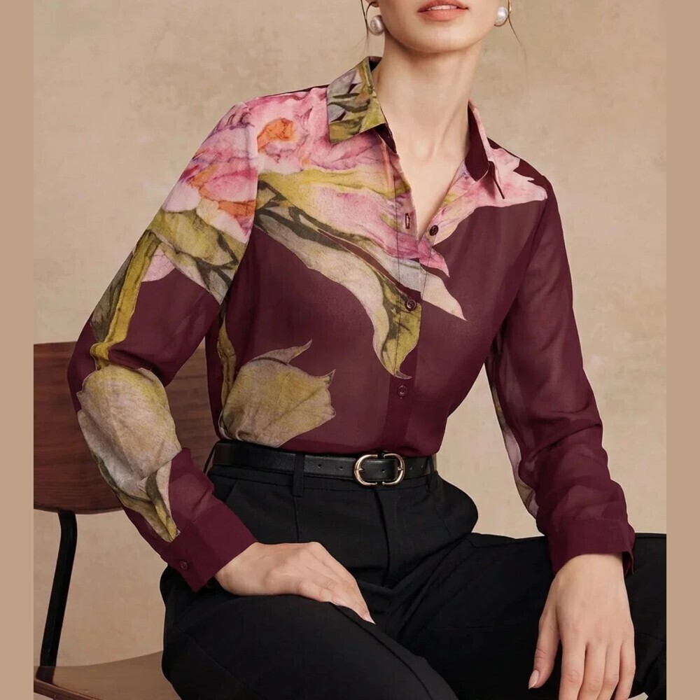 Burgundy Floral Print Sheer Chiffon Long Sleeve Button Front Collared Shirt